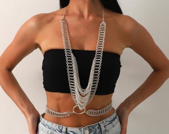 Silver Body Chain Harness for Festival Outfits, Rave Wear , Dancewear ,Beach Bikini Party Jewelry