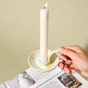 Ceramic Taper Candle Holder Handmade Stoneware Chamber Candlestick with Handle Sage Green Glaze Pottery Table Decor Cozy Housewarming Gift