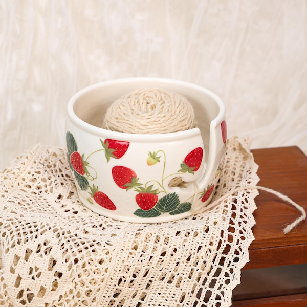 Strawberry Yarn Bowl Ceramic Knitting Bowl Crochet Holder Handmade Pottery White Red Cottagecore Knitter Gift Craft Organizer Home Decor