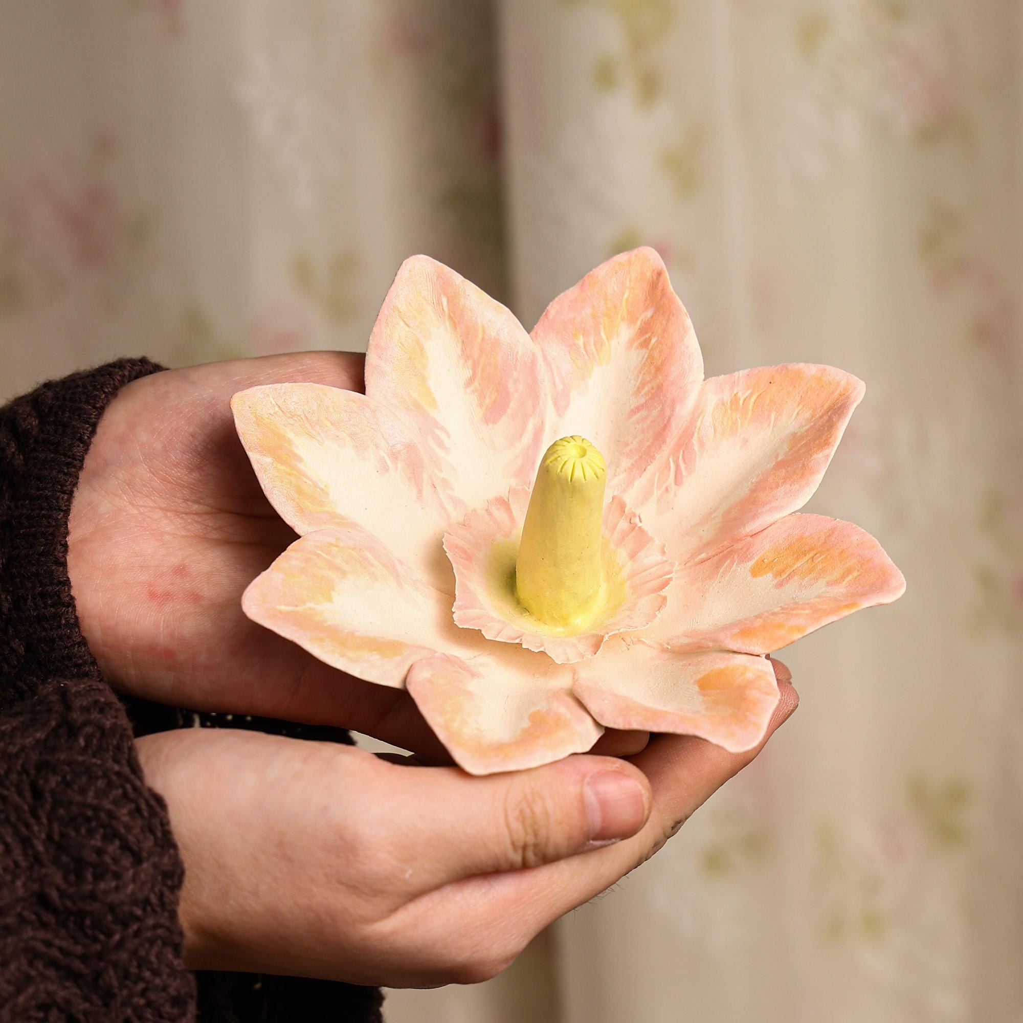 Pink Narcissus Ring Dish Flower Sculpture Earring Holder Ceramic