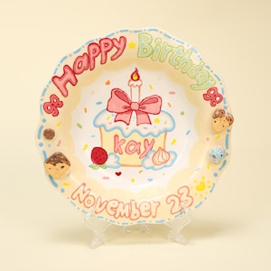 Hand Painted Birthday Plate Personalized Name & Date Custom Ceramic Keepsake Gift Happy Birthday Dish Microwave Safe Dessert Cake Plate