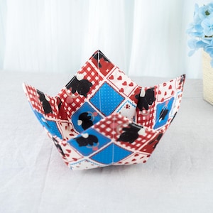 Handmade Microwave Bowl Cozy Fabric Hot Pad Cat Patchwork Red Blue Heart Design Cotton Reversible Soup Bowl Holder Kitchen Gift for Mom