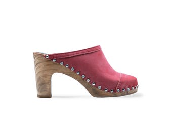Handmade Red Nubuck Leather Clogs, High Heel Mules, Made in Sweden