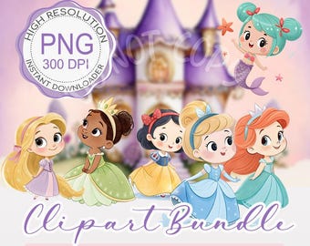 Princess Watercolor Clipart Bundle | Cute Princess PNGs | Fairytale Castle, Crown & Princess Party clipart