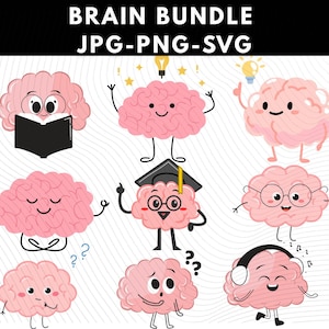 Puede incluir: Colección de nueve ilustraciones de cerebros de dibujos animados en rosa, cada una con expresiones y poses únicas. Algunos cerebros leen, meditan o usan gafas. La imagen incluye el texto "BRAIN BUNDLE JPG-PNG-SVG" en la parte superior.