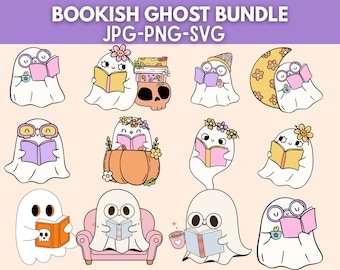 Bookish Ghost Clipart Set\ Cute Ghost Reading PNG\ Spooky Halloween\ Halloween Aesthetics\ Cozy Bookish Design\ Halloween Library Design