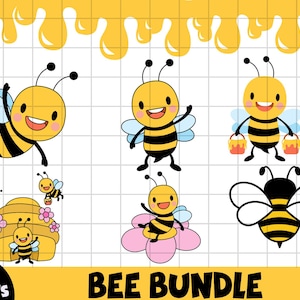 May include: A set of six bee illustrations in various poses, including a bee carrying a bucket of honey, a bee sitting on a flower, and a bee flying. The illustrations are in a cartoon style and feature bright colours.
