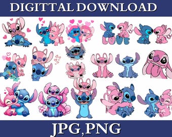 Paquete de imágenes PNG de Stitch y Angel, gráficos de alienígenas de dibujos animados (descarga digital)