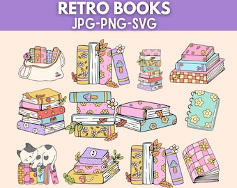 Retro minimalist books svg\ Vintage line art style files\ hand drawn row book png\ bookish clipart&#39;s bundle\ book lover open book