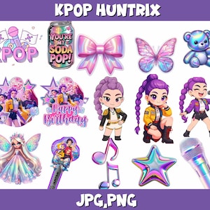 Puede incluir: Una colección de gráficos digitales coloridos con temática K-Pop. Incluye una lata de refresco con texto, un lazo, una mariposa, un oso de peluche, personajes de dibujos animados, un micrófono, notas musicales, una estrella y el texto "Happy Birthday".