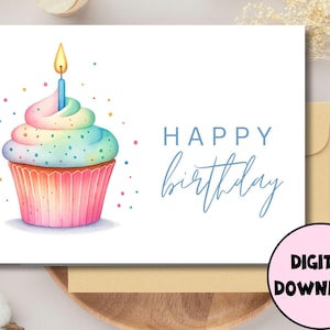 Happy Birthday Card\ DIGITAL Download\ Printable Birthday Card Featuring Colorful Cupcake\ Printable Happy Birthday Card\ Printable Card
