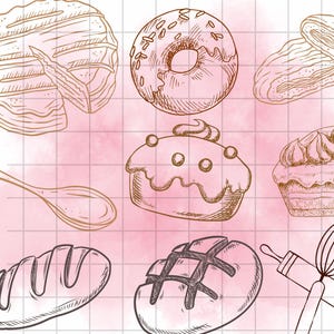 Neutral Baking Clipart\ Watercolor\ Baking PNG\ Vintage Baking Clipart Bundle\ Mixer\ Baking Tools\ Desserts