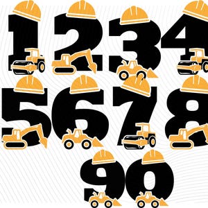 May include: Black numbers 1 to 0, each with a construction vehicle and a yellow hard hat. The vehicles include a steamroller, excavator, and a front-end loader. The background is white with a subtle wave pattern.