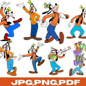 May include: Collection of cartoon images of Goofy in various poses. Goofy is wearing an orange shirt, blue pants, and a green hat. Some images show Goofy with gifts or a party hat. The bottom of the image has the text "JPG, PNG, PDF".