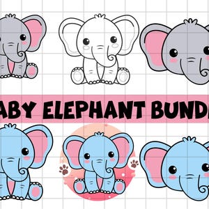 May include: A digital art bundle featuring six cartoon baby elephants in various poses and colors. The elephants are gray, blue, and outlined in black and white, with pink accents. The text "BABY ELEPHANT BUNDLE" is displayed in pink.