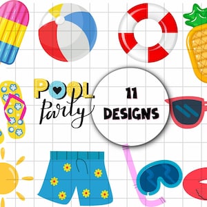 Peut inclure: Illustrations sur le thème de l'été, comprenant une glace, un ballon de plage, une bouée de sauvetage, un ananas, des tongs, des lunettes de soleil, un soleil, un short de bain, un tuba et un flamant rose. Le texte "Pool Party" et "11 Designs" est également inclus.