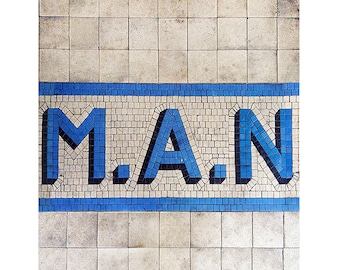 Urban Landscape Photograph Sidewalk Art Industrial Tiles Man Cream Aqua Blue Black-Man Up