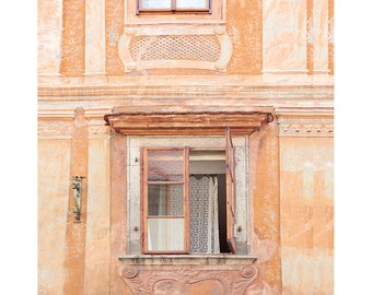 French Window, Lace Curtain,Travel Photography, French home Decor, Pastel Peach Apricot, Terracotta-Peach Sorbet