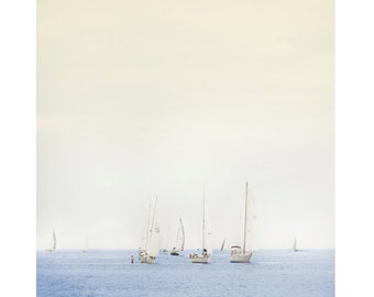 Ocean Photography, Sailing, Sea, Minimal, Nautical, Boat, Summer, Blue, Pale grey-The Regatta