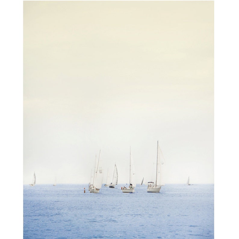 Ocean Photography, Sailing, Sea, Minimal, Nautical, Boat, Summer, Blue, Pale grey-The Regatta image 1