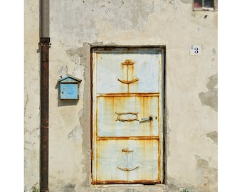 Italy Travel Photography Rustic Village Door Bleached Sky Blue Baby Blue Rusty Anchor Slipknot-Safe Harbour