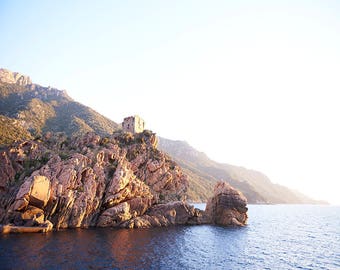 Ocean Photography, Seascape, France, Mountainside, Genovese Tower, Watercolour, Blush Pink, Cinnamon, Amber, Navy, Sunset-The Watchtower