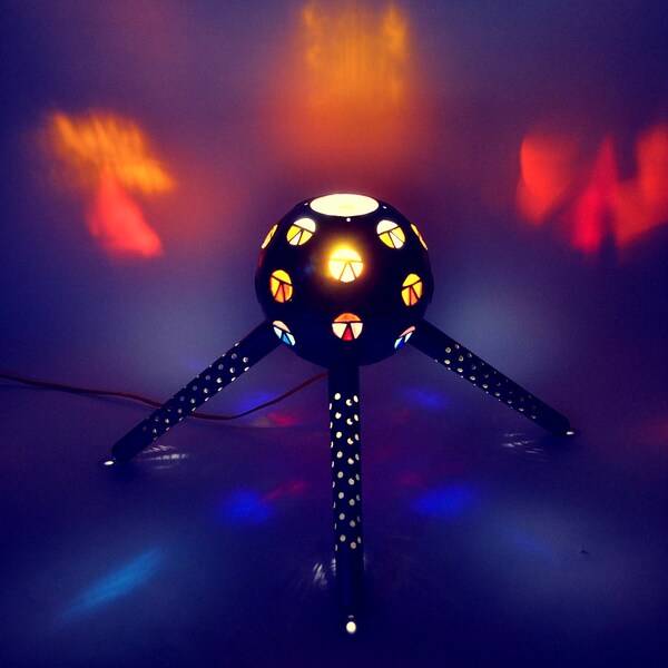 Sputnik... Vintage 70's Stained Glass Modern Russian Art Sputnik Scultpture Faux Campfire Lamp