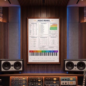 May include: A professional audio mixing studio with a large console, rack-mounted equipment, and a framed "Audio Mixing" chart. The room features wooden paneling, two speakers, and a guitar.