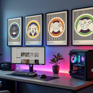 Juego de 4 pósteres de videojuegos retro, arte minimalista para pared de gamers, láminas de consolas vintage, decoración de sala de juegos de los 90, conjunto de arte de mandos, descarga digital