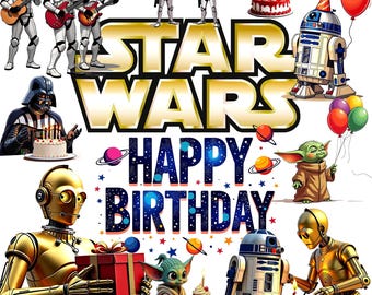 Paquete de imágenes prediseñadas de cumpleaños de Star Wars: 70 diseños para fiestas de ciencia ficción (PNG de 300 DPI) (Descarga digital)