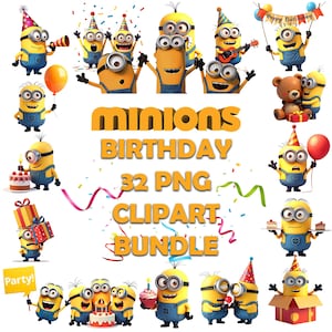 Minion Geburtstag Clipart PNG Bundle (32 Designs) | Hohe Auflösung 300 DPI | Gelbe Cartoon Party Dekoration | Sofort Download zum Basteln