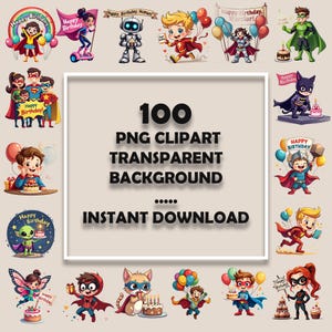 Superhero Birthday Clipart Bundle, Happy Birthday Clipart Pack, Superheroes Clipart, Super Hero Clipart, Birthday Gift Decoration, 300 DPI