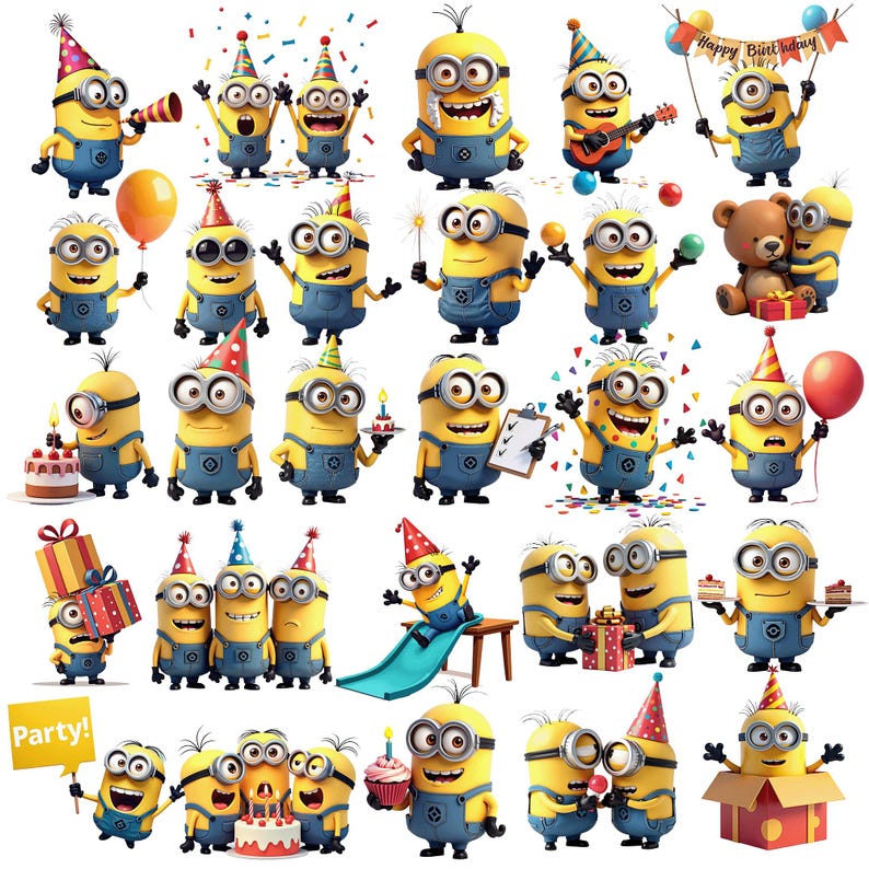 Minion Birthday Clipart Bundle: 32 PNG Designs, Party Decor, Instant ...