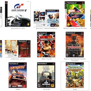 May include: A collection of PlayStation 2 video game cases, including titles such as Gran Turismo 4, Ghost Recon Advanced Warfighter, Marvel vs Capcom 2, Lara Croft Tomb Raider: Legend, Battlefield 2, Need for Speed Carbon, FlatOut, Grand Theft Auto: San Andreas, Shrek, and The Godfather: The Don's Edition.
