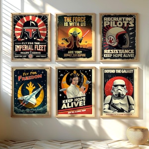 May include: Six framed Star Wars posters in a retro style. The posters showcase characters including Darth Vader, Yoda, and Princess Leia, with slogans like "Fly for the Imperial Fleet" and "Defend the Galaxy."