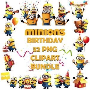Minion Birthday Clipart PNG Bundle (32 Designs) | High Resolution 300 DPI | Yellow Cartoon Party Decor | Instant Download for Crafts