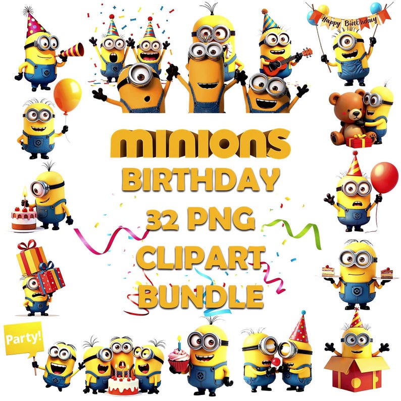 Minion Birthday Clipart Bundle: 32 PNG Designs, Party Decor, Instant ...