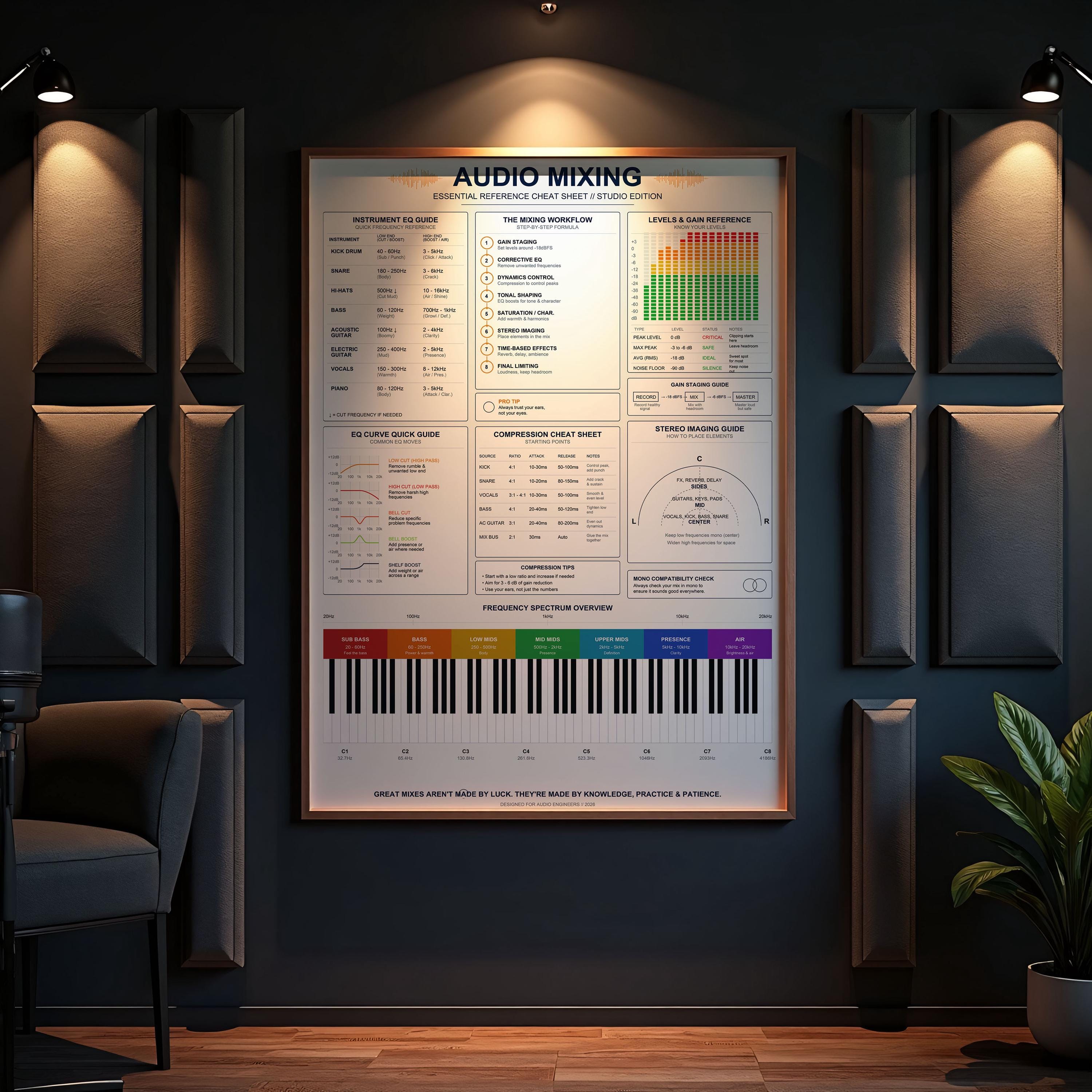 Audio Mixing Cheat Sheet Poster | Music Producer EQ Chart Print ...