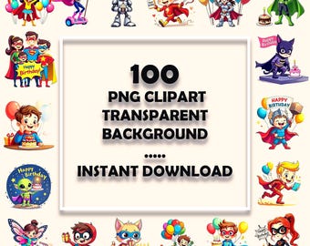 Happy Birthday Clipart Bundle, 100 Superhero Characters, Kids Party Graphics (Digital Download)