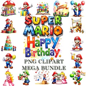 Watercolor Mario Birthday Clipart Bundle: 100+ PNG Party Designs (Digital Download