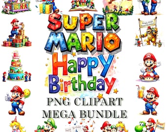 Watercolor Gamer Birthday Clipart Bundle, 100 Retro Game Party PNG Graphics (Digital Download)