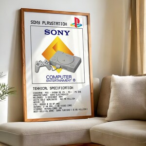 Op de afbeelding: Een ingelijste poster met een vintage Sony PlayStation console en controller. De poster toont het Sony PlayStation logo, het woord "SONY", "COMPUTER ENTERTAINMENT" en technische specificaties. Het frame is van hout.