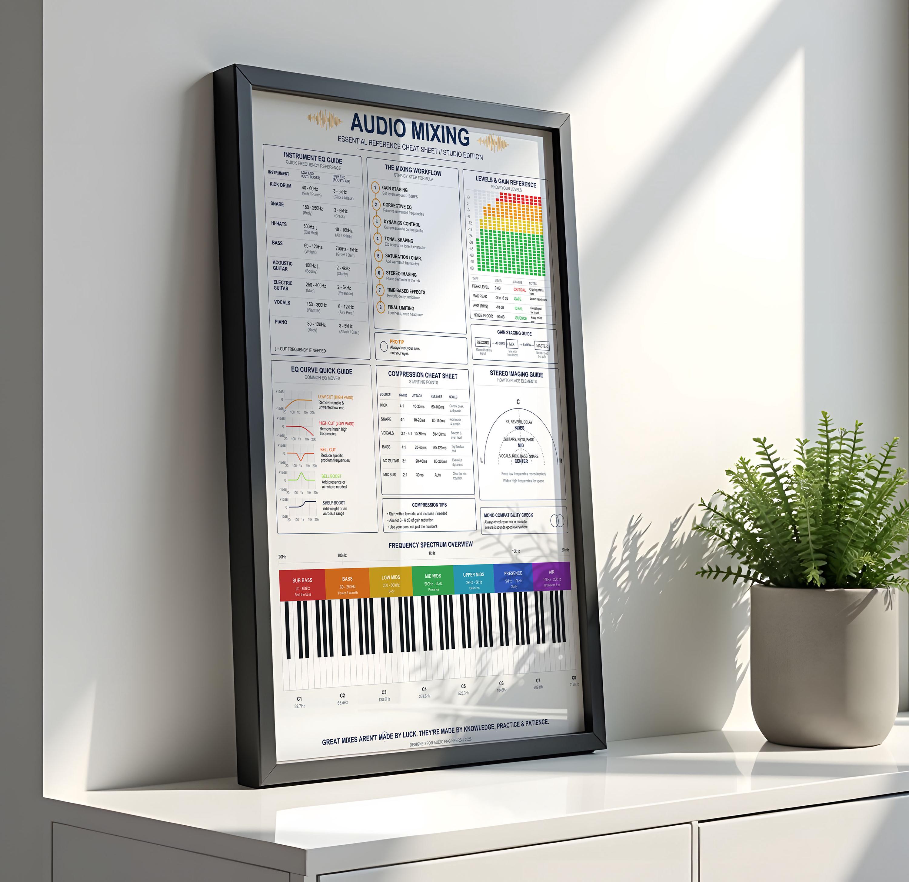 Audio Mixing Cheat Sheet Poster | Music Producer EQ Chart Print ...