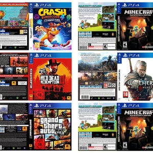 May include: Collection of PS4 game cases featuring titles like "Crash Bandicoot: It's About Time," "Red Dead Redemption 2," "Grand Theft Auto V," "Minecraft," and "The Witcher 3: Wild Hunt." Each case displays game art and age ratings.