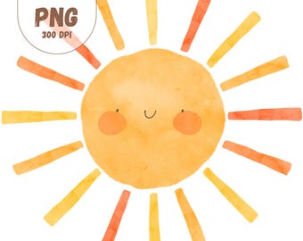 May include: Hand-painted watercolor illustration of a smiling sun with a yellow and orange color scheme. The sun has a round face with rosy cheeks and a curved mouth. The image includes the text "PNG 300 DPI" and "SonkoDesignStore".