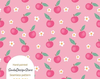 May include: A seamless pattern featuring hand-painted pink apples with green leaves and white flowers on a pink background. The design includes the text "SonkoDesignStore", "Seamless pattern", and "300 DPI".