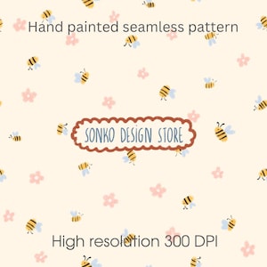 Tiny Flowers Bee Seamless Repeat Pattern, Nursery Digital Design, Fabric Print