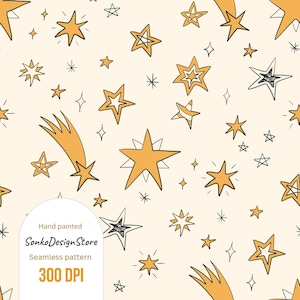 Può includere: Motivo senza cuciture con stelle dipinte a mano in oro e nero su sfondo crema. Il design include varie forme di stelle, tra cui stelle cadenti e stelle delineate. Il testo "Hand painted SonkoDesignStore Seamless pattern 300 DPI" è visibile.