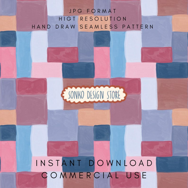 May include: Seamless pattern design featuring a colorful abstract arrangement of rectangular shapes in shades of red, blue, pink, and orange. The design includes the text "JPG FORMAT", "HIGT RESOLUTION", "HAND DRAW SEAMLESS PATTERN", "SONKO DESIGN STORE", "INSTANT DOWNLOAD", and "COMMERCIAL USE".