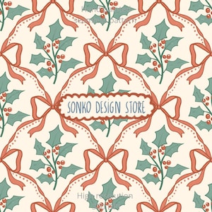 May include: Seamless pattern featuring holly sprigs with red berries and coral bows on a cream background. The design includes the text "SONKO DESIGN STORE" in a decorative frame, and the words "Hand winter seamless pattern" and "High resolution".